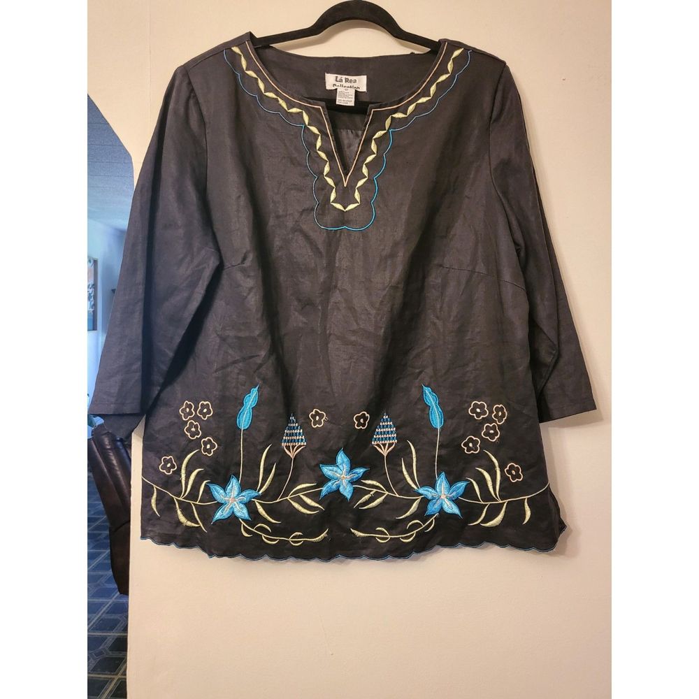 Vintage La' Rea Collection 100% Linen Black Embroidery Top Women Size 1X Plus